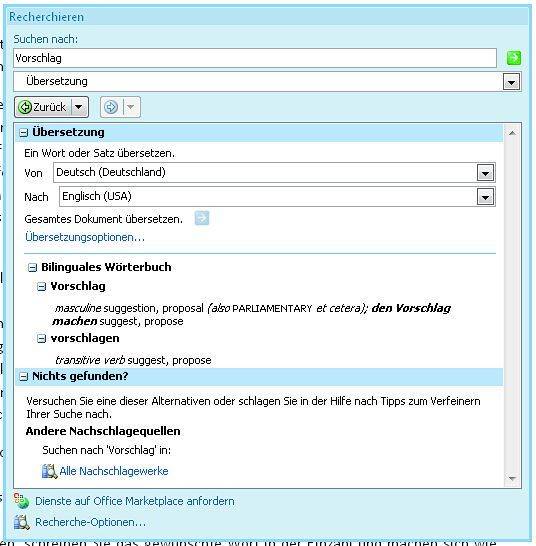 Screen 2: Word verfügt über einen Übersetzungsdienst