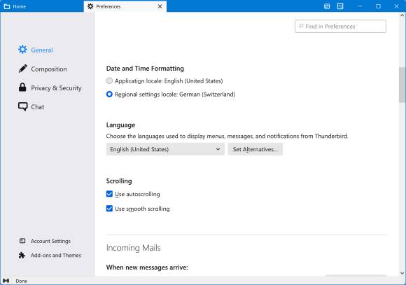 Die Spracheinstellungen des (jetzt noch englischen) Thunderbird