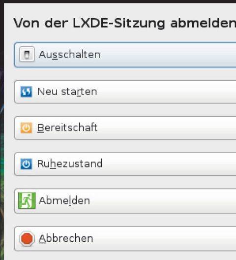 Screen 4: Fast wie in Windows: Ausschalten, Neu starten, Abmelden etc.