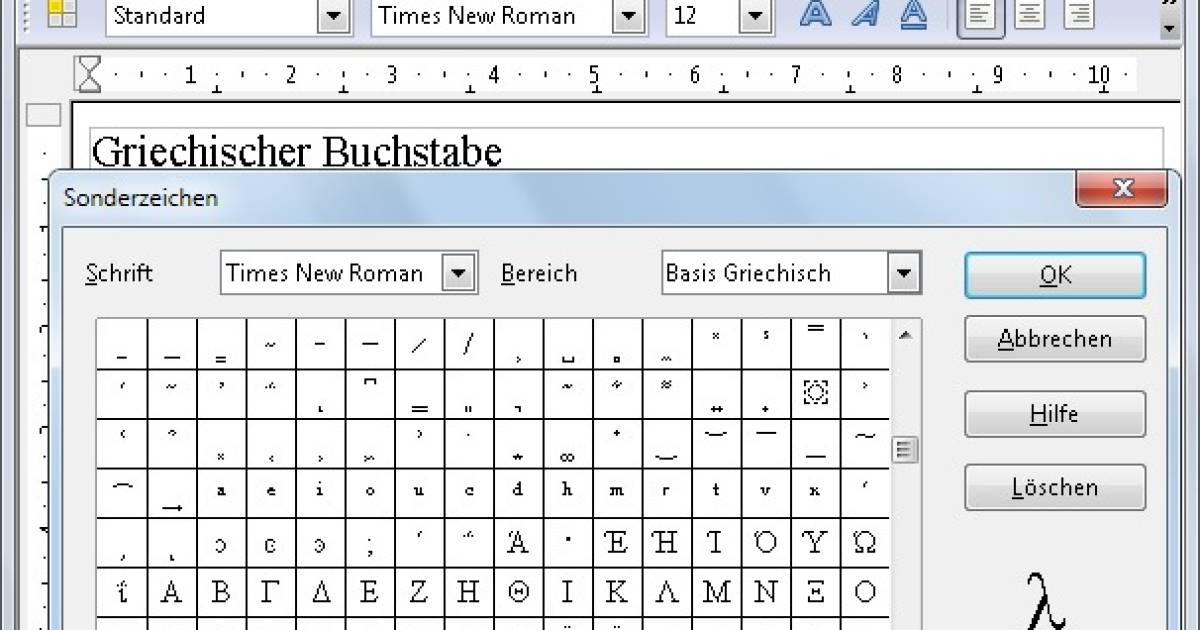 OOo/LibreOffice Writer: Griechische Sonderzeichen.