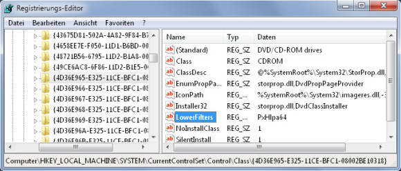 Der Registry-Editor, darin sichtbar der Eintrag LowerFilters