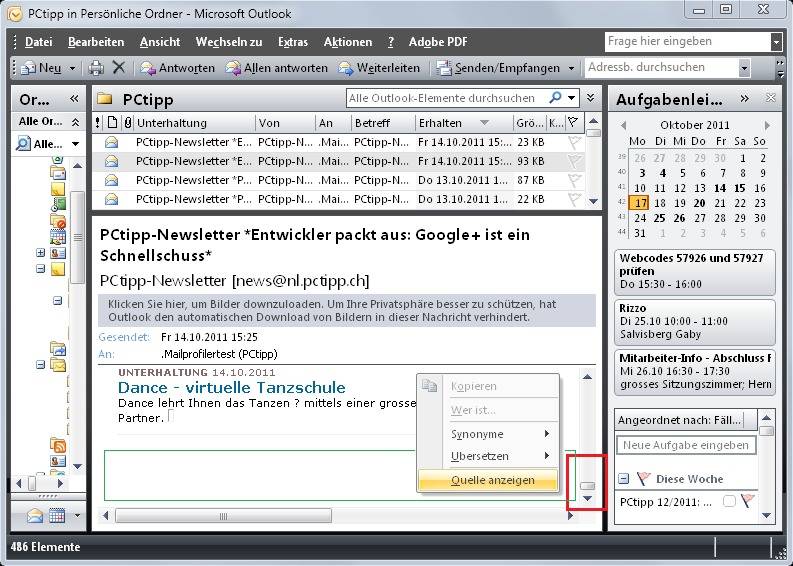 Outlook Kopfzeilen und HTMLQuelltext anzeigen pctipp.ch