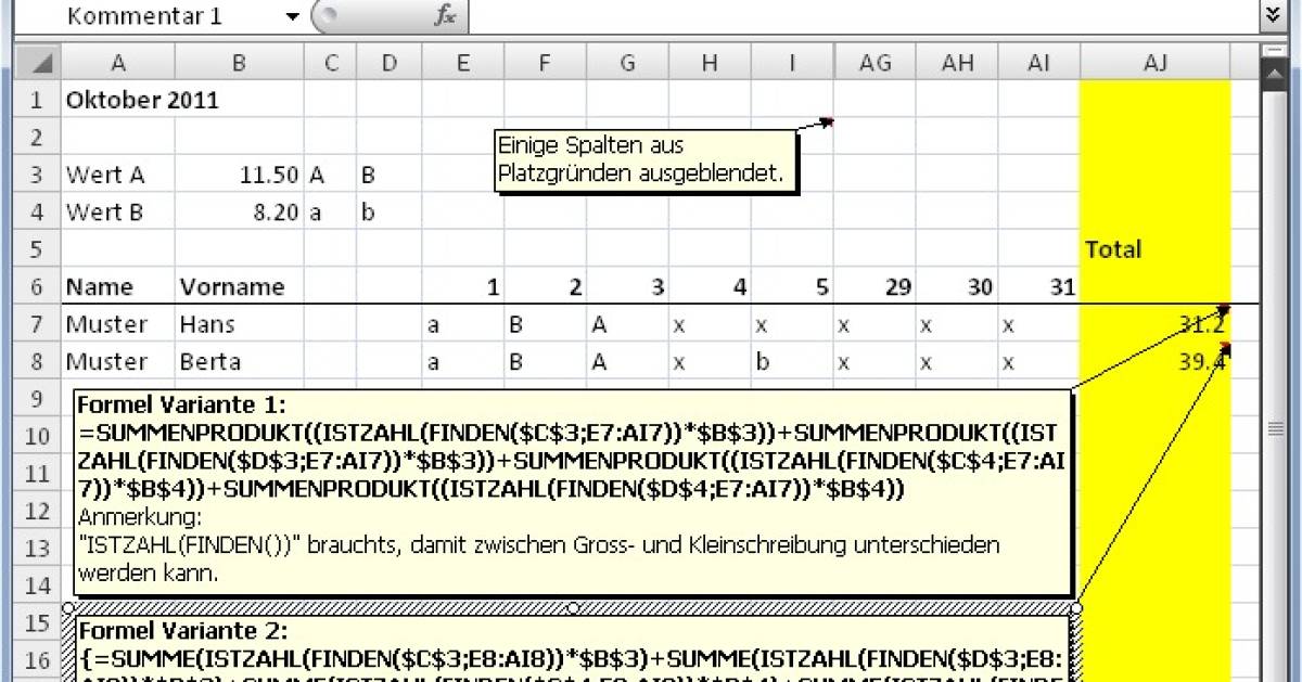 Excel Buchstabencodes multiplizieren und summieren pctipp.ch