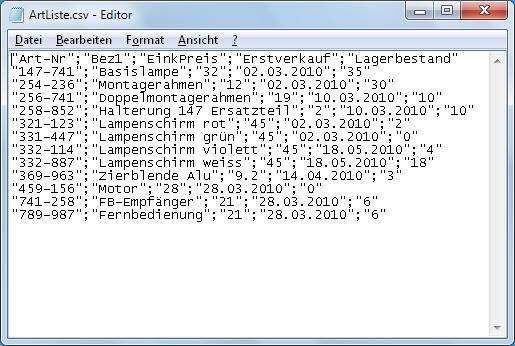 Die CSV-Liste mit Anführungs- und Schlusszeichen