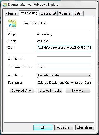 Achten Sie auf die Angaben unter «Ziel»: eine kleine Anpassung und der Windows-Explorer zeigt beim Öffnen die Laufwerke