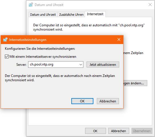 Screenshot Systemsteuerung Zeitserver-Einstellung