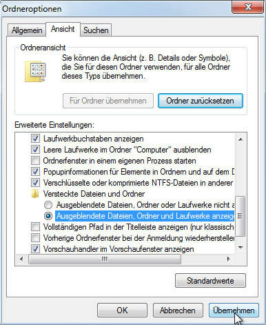 Unter Windows machen Sie den versteckten Ordner "AppData" sichtbar.