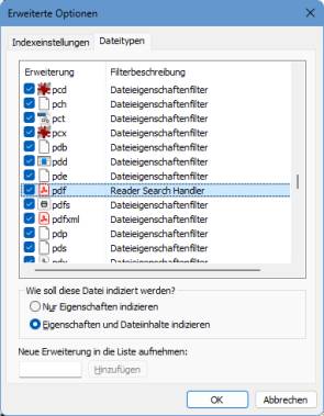 Die Indizierungseinstellungen des Dateityps PDF