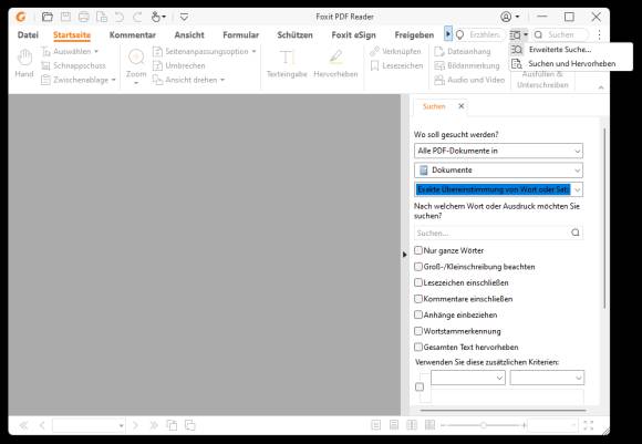 Der Foxit Reader mit den erweiterten Suchfunktionen