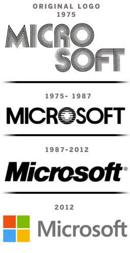 Die Entwicklung des Microsoft-Logos von 1975 bis heute. Unten das neue Logo