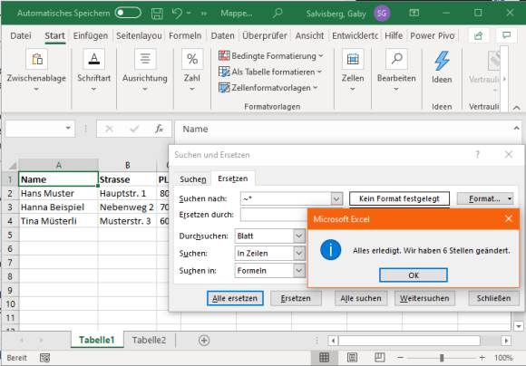 Screenshot Excel-Adressliste ohne Sternchen