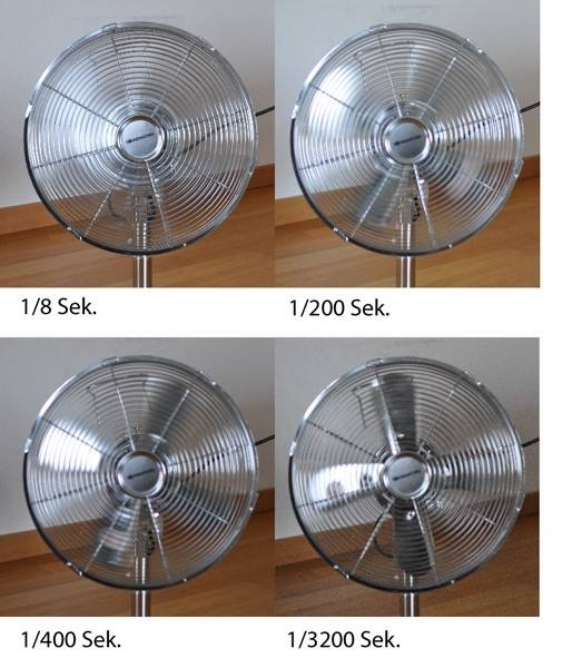 Die Ventilatorschaufeln sind selbst bei 1/3200 Sek. nicht scharf. Bei 1/8 Sek. sind sie gar nicht mehr sichtbar