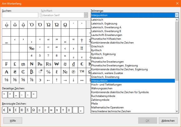 Screenshot LibreOffice Auswahl des gewünschten Zeichens