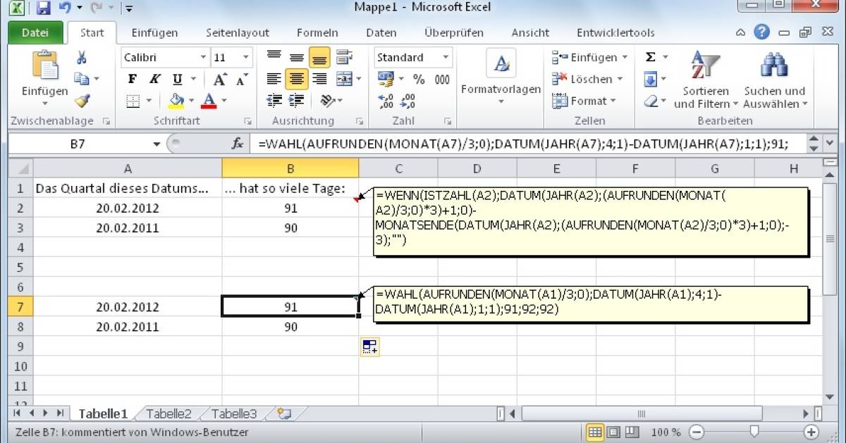 Excel/Calc: Wieviele Tage hat zugehöriges Quartal? - pctipp.ch