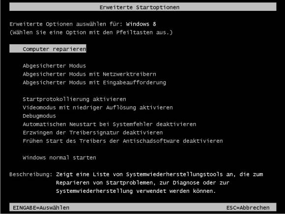 Die Startoptionen in Windows 8
