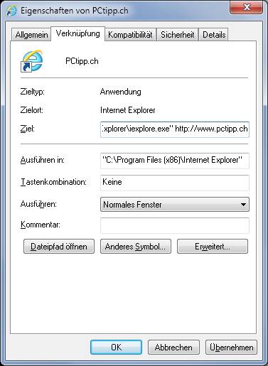 Webseite in der IE-Verknüpfung hinterlegen