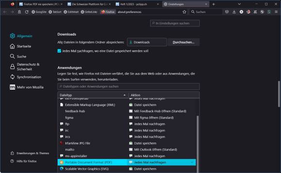 Die Firefox-Einstellungen betreffend Download oder Anzeige verschiedener Dateitypen