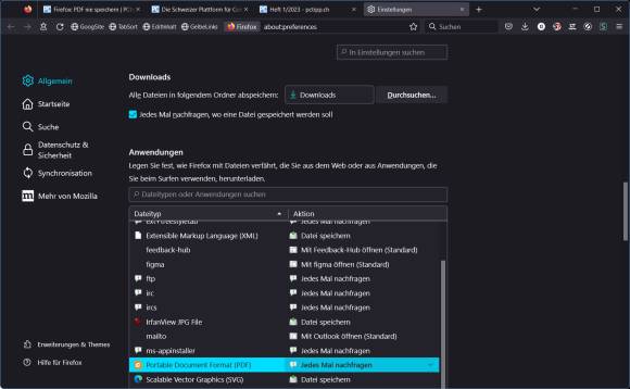 Die Firefox-Einstellungen betreffend Download oder Anzeige verschiedener Dateitypen