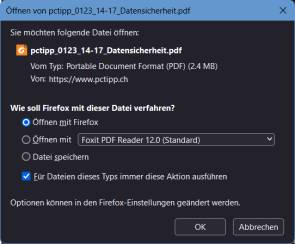 Der Firefox-Rückfrage-Dialog möchte wissen, ob die Datei geöffnet oder heruntergeladen werden soll