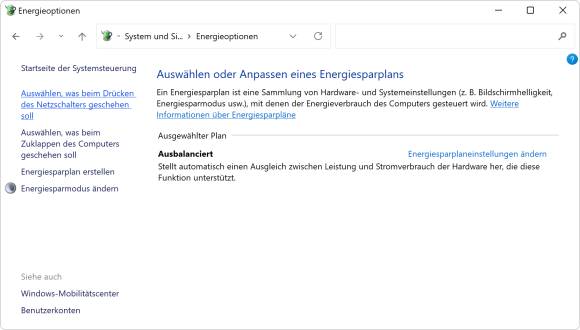 Systemsteuerung Energieoptionen