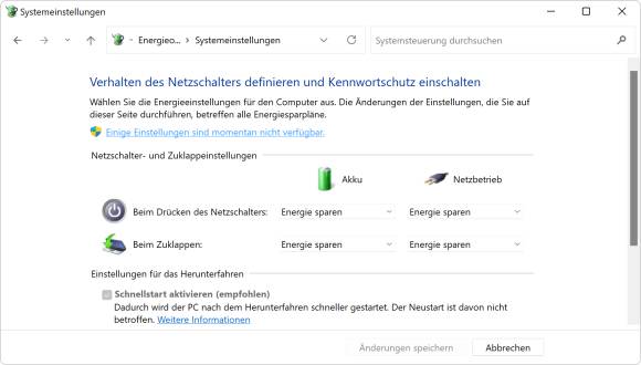 Screenshot Systemsteuerung Energieoptionen