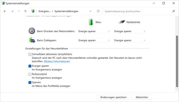 Systemsteuerung Einstellungen für das Herunterfahren