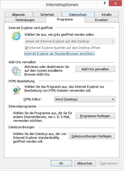 Den IE10 immer im Desktop-Modus starten