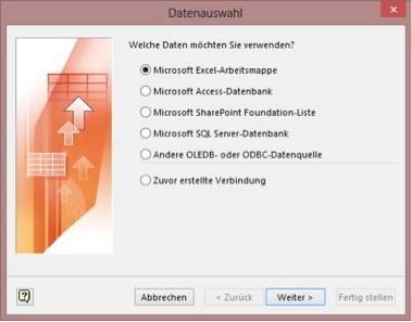 Visio unterstützt folgende Datenquellen «out of the box»: