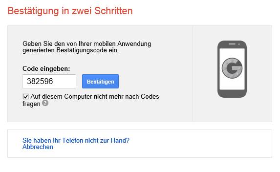 Haken Sie beim Login die Checkbox an, um auf diesem Gerät keine Codes mehr eingeben zu müssen