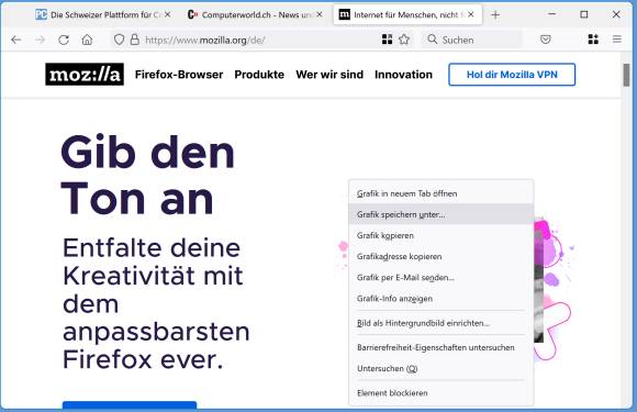 Firefox mit geöffnetem Kontextmenü und dem Befehl Grafik speichern unter