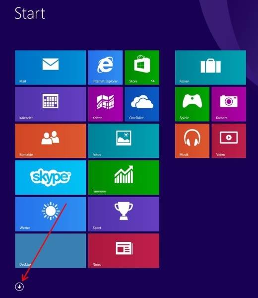 Unter Windows 8.1 klicken Sie unten links auf den Abwärtspfeil