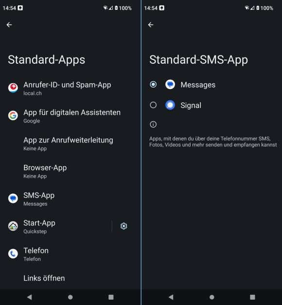 Screenshots zeigen den Wechsel der SMS-App