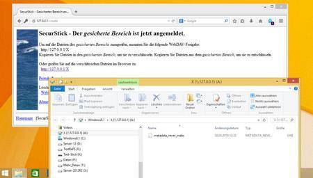 Die freie Software SecurStick im Einsatz: Nach Eingabe des Passworts werden die Daten aus dem verschlüsselten Bereich mittels WebDAV auf einer montierten Dateifreigabe zur Verfügung gestellt (Foto: Frank-Michael Schlede/Thomas Bär)