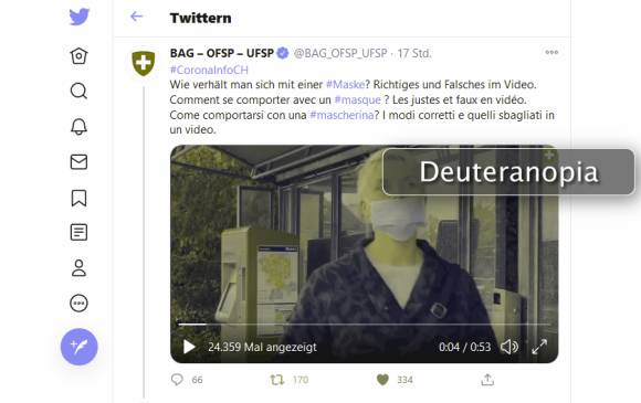 Gleicher Twitter-Screenshot mit Deuteranopia-Simulation