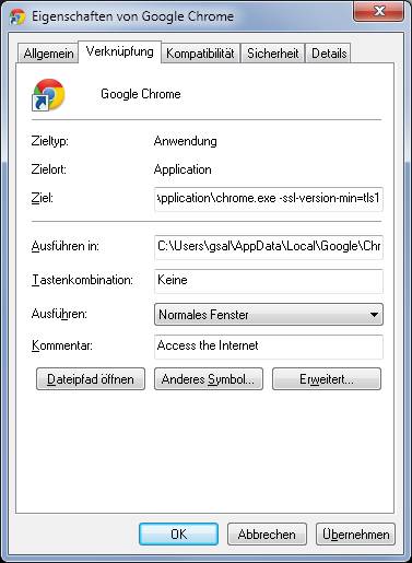 Chrome und Opera: Schalter gegen Poodle in der Verknüpfung unterbringen