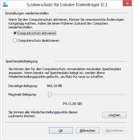 Speicherplatz-Einstellungen zur Systemwiederherstellung