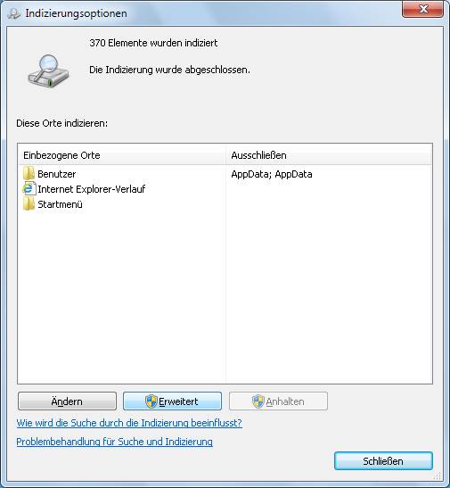 Hier gehts zu den Einstellungen zum Windows-Such-Index