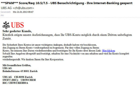 Phishing-Mail ahmt das Erscheinungsbild der Bank UBS nach