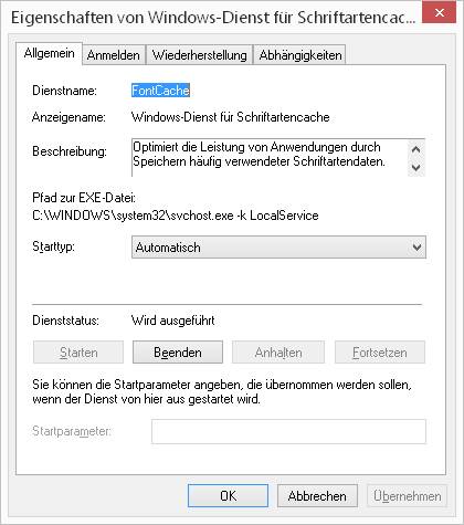 Die Eigenschaften des Dienstes «FontCache»