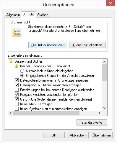 Ansichtsoptionen im Windows Explorer