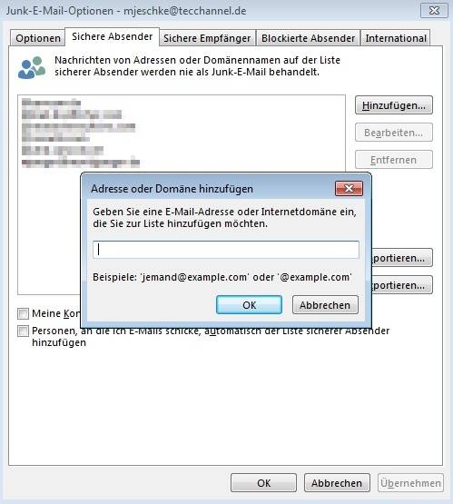 Outlook 2013: Sie können einzelne E-Mail-Adressen oder auch ganze Domänen als sichere Absender einstufen