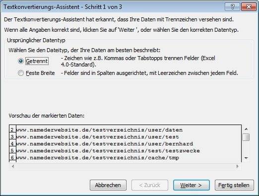 Textkonvertierungsassistent Schritt 1