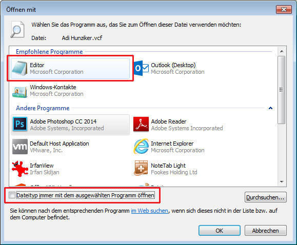 Zum Bearbeiten der vCard kann der Editor ausgewählt werden