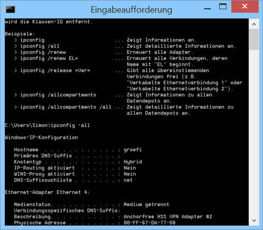 Der Eintrag Standardgateway verrät die Login-Adresse Ihres Routers