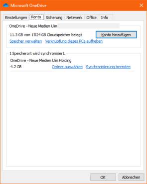 Der Reiter Konto in den OneDrive-Eigenschaften
