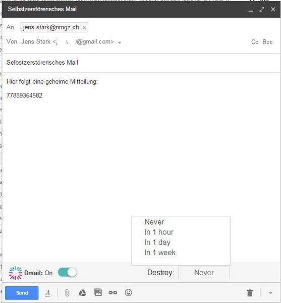 Die Prozedur zum Verschicken einer «Dmail» aus Gmail heraus ist denkbar einfach