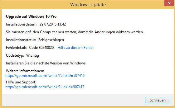 Ein häufiger Fehlercode der letzten Tage: Windows 10 lässt sich nicht installieren wegen eines Update-Fehlers