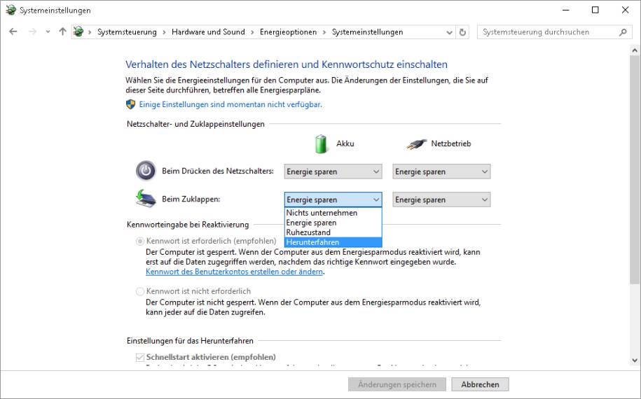 Windows 10 Notebook soll beim Zuklappen herunterfahren pctipp.ch