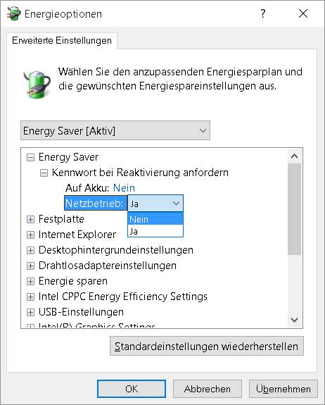 Einstellungen zum Kennwort bei Rückkehr aus dem Stand-By