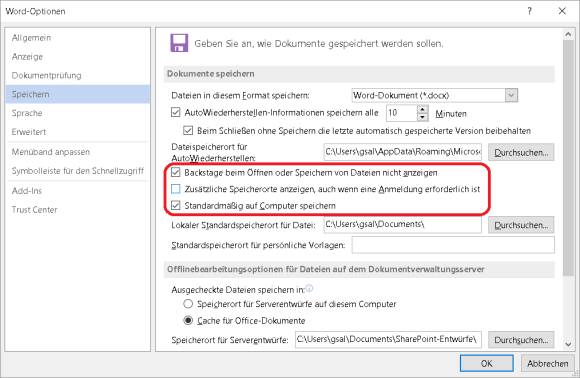 Screenshot der Word-Speichern-Optionen